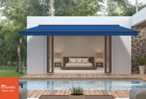 blue sunbrella retractable awning